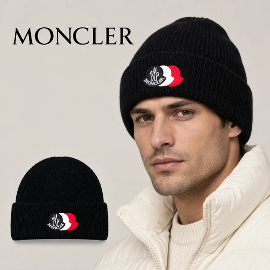 Moncler beanie worn by an adult male model, with product detail inset.