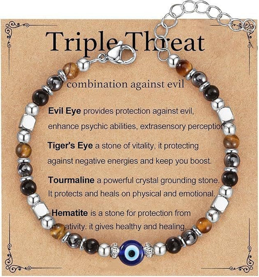 Evil Eye Fivefold Protection Bracelet | 5 Natural Crystals | Adjustable Wax Rope