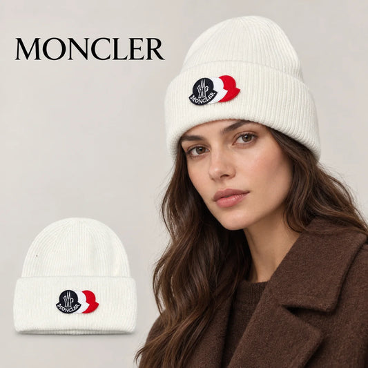 Moncler beanie worn by an adult female model, with product detail inset.