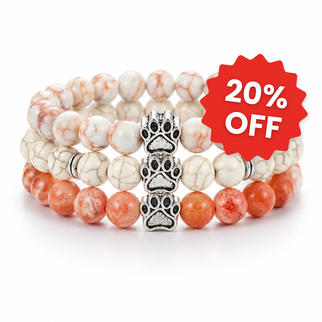 Pearl, Brume & Sunrise Natural Stone Bead Bracelet Trio | Paw Charm | Rescue Charity