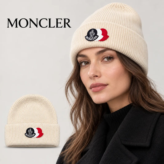Moncler beanie worn by an adult female model, with product detail inset.