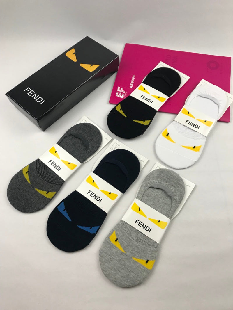 Fendi Visible Colour, Cuff And Emblem Details No-Show Socks - 5-Pair Set