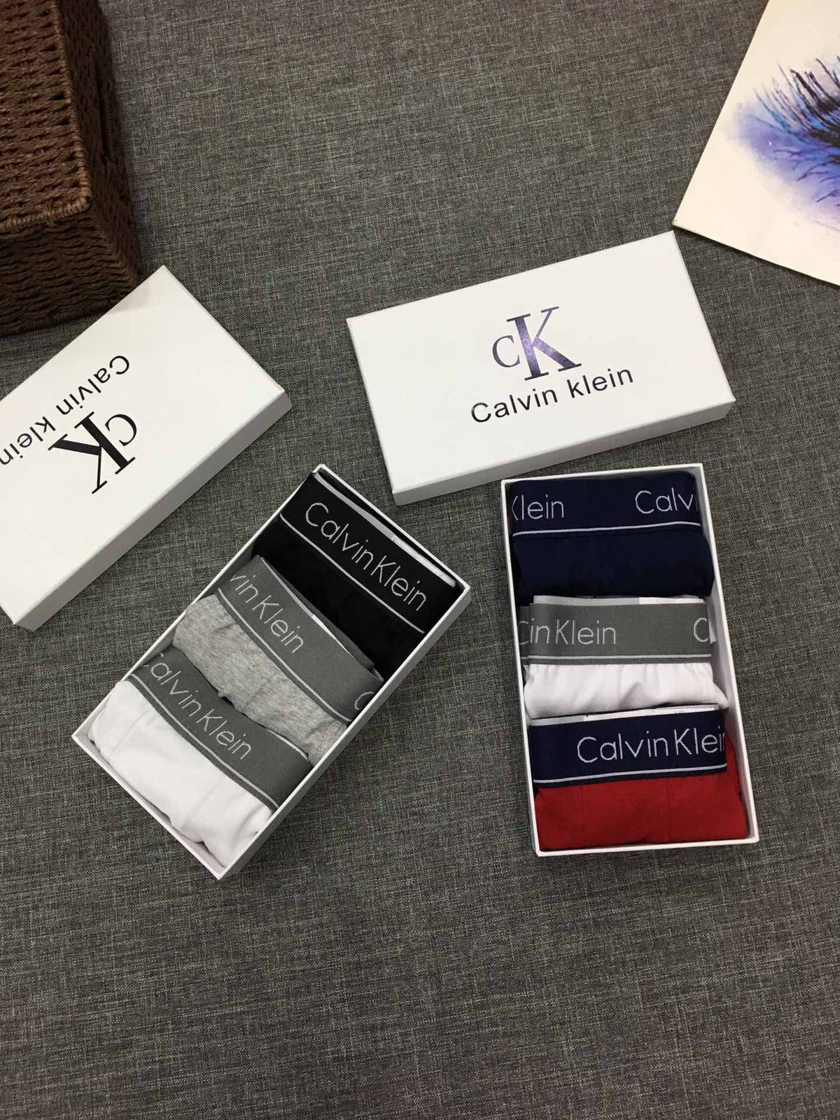 Calvin Klein Cotton-spandex Blue, Green & White Tonal Waistbands Men's Boxer Briefs - 3-Piece Box