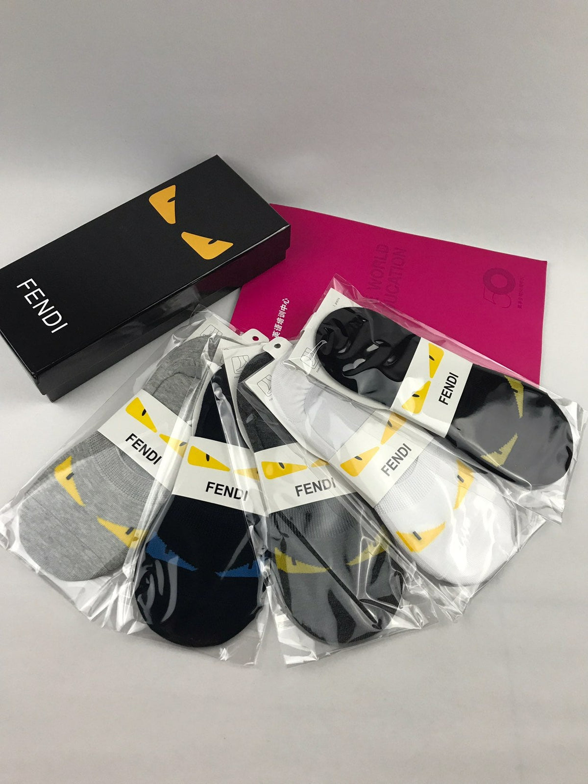 Fendi Yellow Accent Panels No-Show Socks - 5-Pair Set