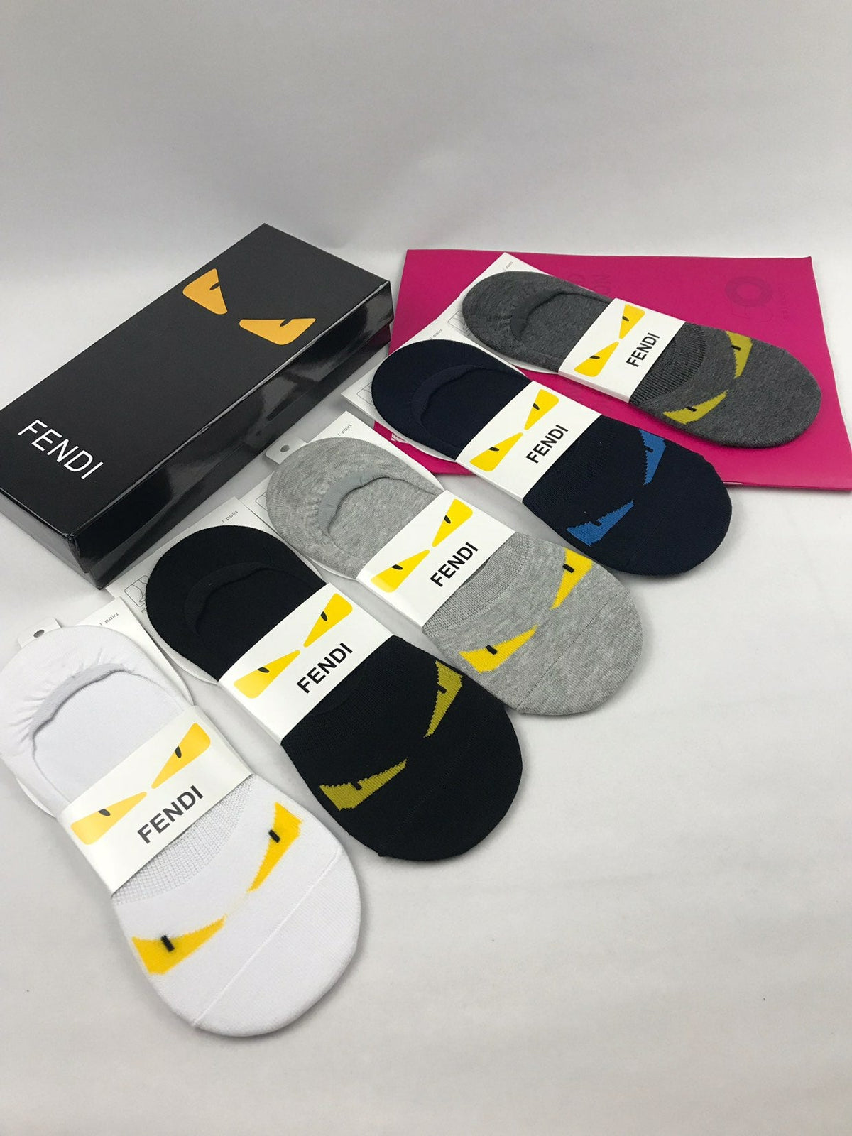 Fendi Yellow Accent Panels No-Show Socks - 5-Pair Set