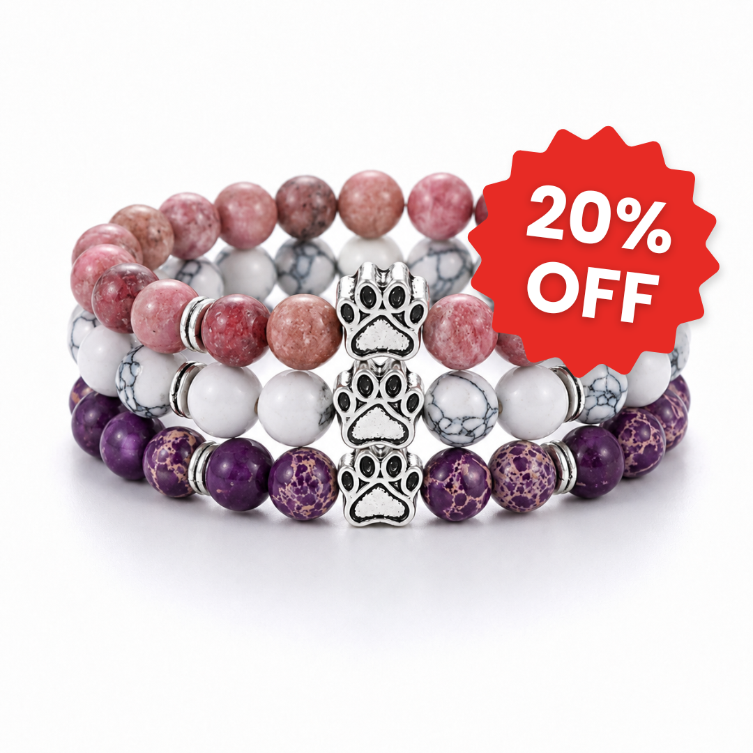 Blossom, Arctic & Mystic Natural Stone Bead Bracelet Trio | Paw Charm | Rescue Charity