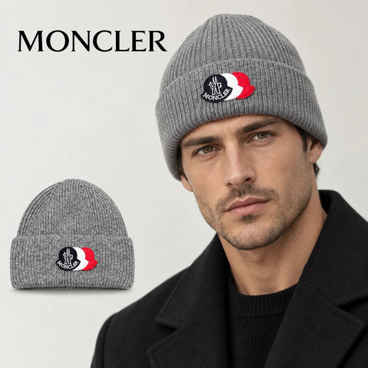 Moncler beanie worn by an adult male model, with product detail inset.