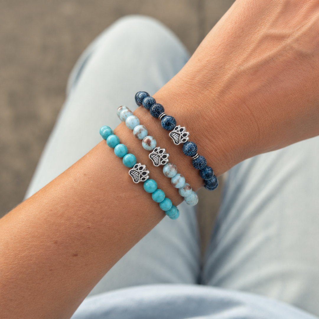 Ocean, Lagoon & Azure Natural Stone Bead Bracelet Trio | Paw Charm | Rescue Charity