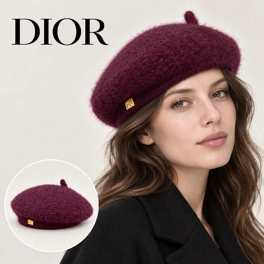 Dior beret worn by an adult female model, with product detail inset.