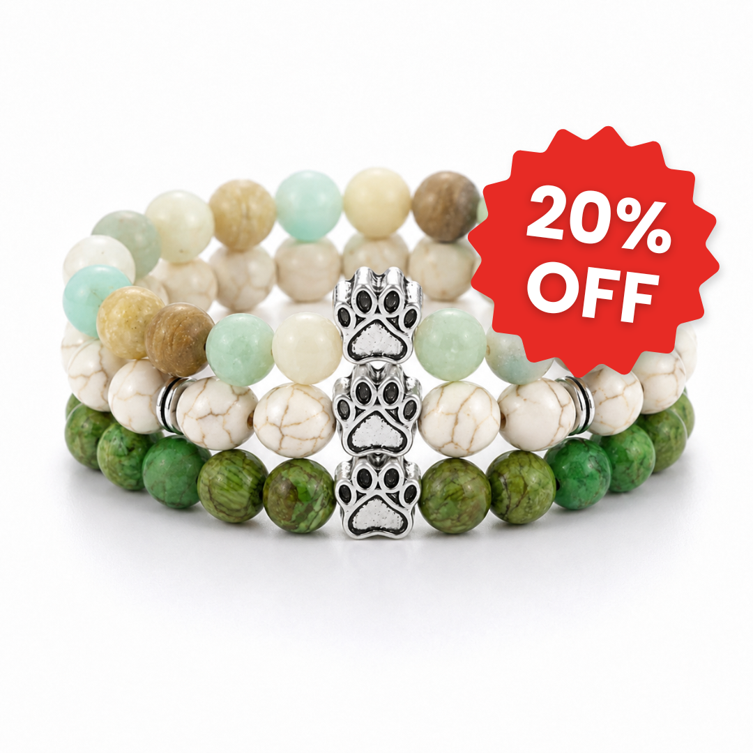 Sahara, Brume & Sage Natural Stone Bead Bracelet Trio | Paw Charm | Rescue Charity