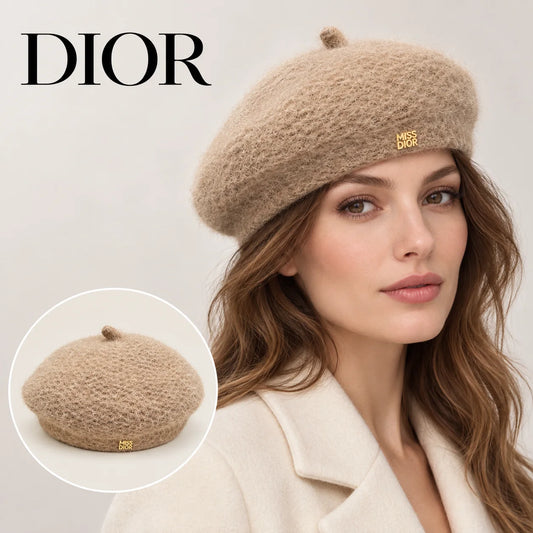Dior beret worn by an adult female model, with product detail inset.