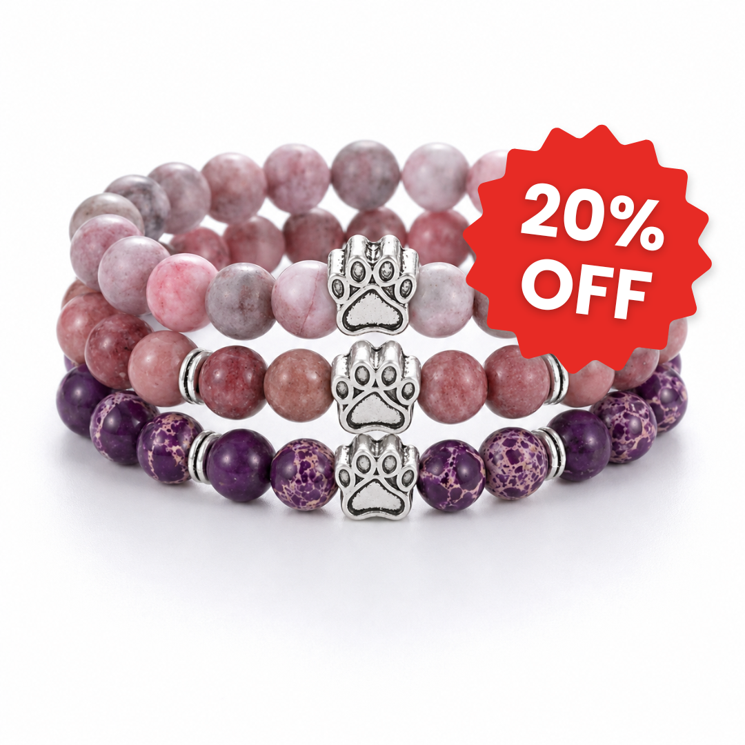 Petal, Blossom & Mystic Natural Stone Bead Bracelet Trio | Paw Charm | Rescue Charity