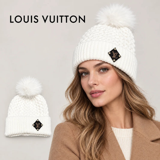 Louis Vuitton beanie worn by an adult female model, with product detail inset.