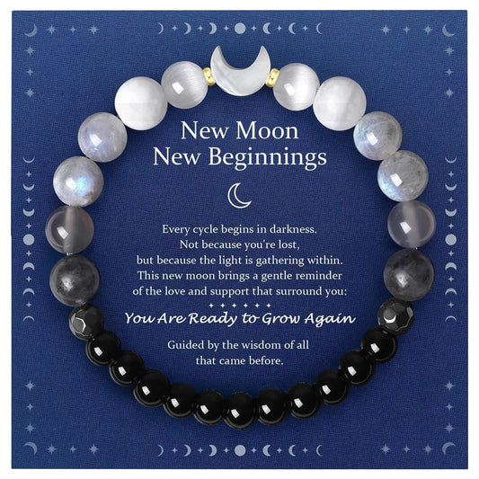 New Moon New Beginnings Bracelet | Moonstone Labradorite Black Obsidian | Crescent Moon Charm | New Chapter Gift