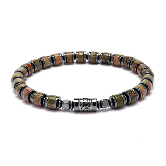 Unakite & Hematite Barrel Bead Bracelet | 4mm Cylinder Beads | Gunmetal Magnetic Clasp | Boho Men's Gift