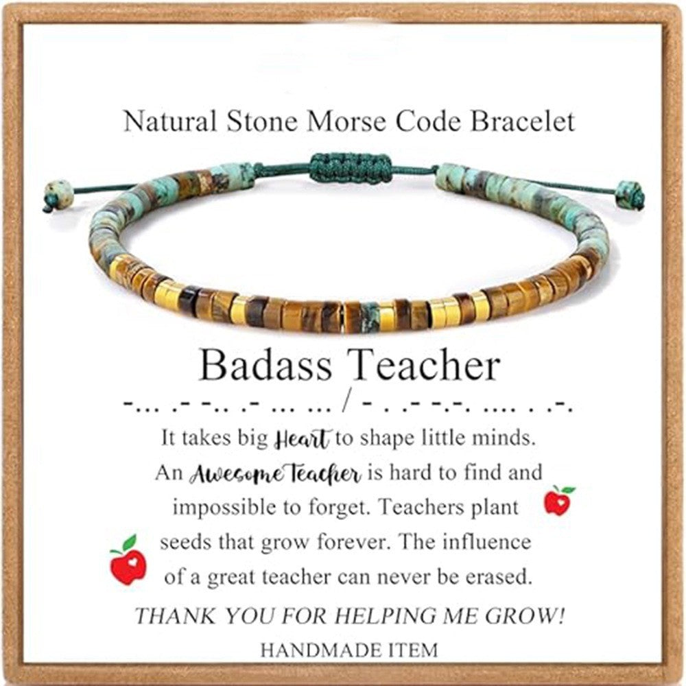 Badass Teacher Morse Code Bracelet | African Turquoise & Tiger Eye Heishi Beads | Teacher Appreciation Gift