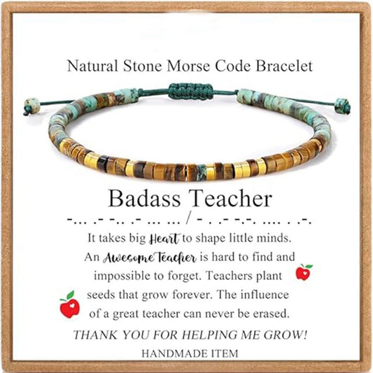 Badass Teacher Morse Code Bracelet | African Turquoise & Tiger Eye Heishi Beads | Teacher Appreciation Gift