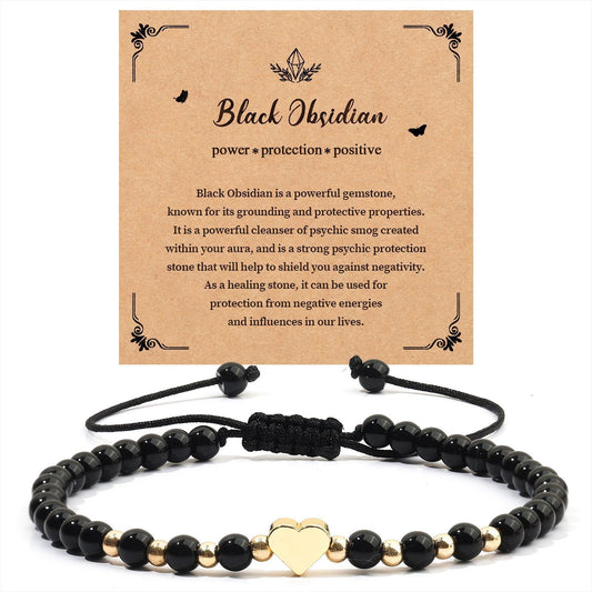 Lucky Heart Crystal Bracelet: 4mm Amethyst and Matte Black Bead Bracelet