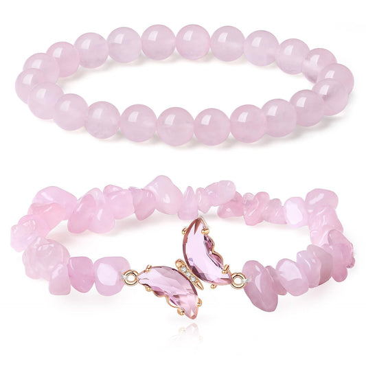 Double Layer Pink Crystal Bracelet Set | Rose Quartz Bead & Chip Stone | Gold Butterfly Charm | Coquette Gift