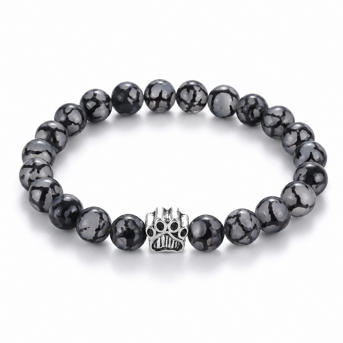 Cedar Black Spider Web Agate Bead Bracelet | Silver Paw Charm | Rescue Charity