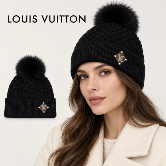 Louis Vuitton beanie worn by an adult female model, with product detail inset.