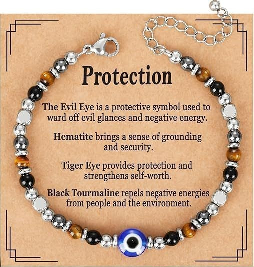 Evil Eye Fivefold Protection Bracelet | 5 Natural Crystals | Adjustable Wax Rope