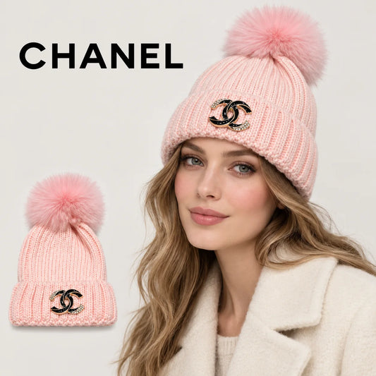 Chanel beanie worn by an adult female model, with product detail inset.
