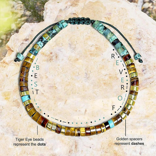 Badass Teacher Morse Code Bracelet | African Turquoise & Tiger Eye Heishi Beads | Teacher Appreciation Gift