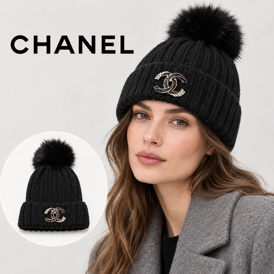 Chanel beanie worn by an adult female model, with product detail inset.