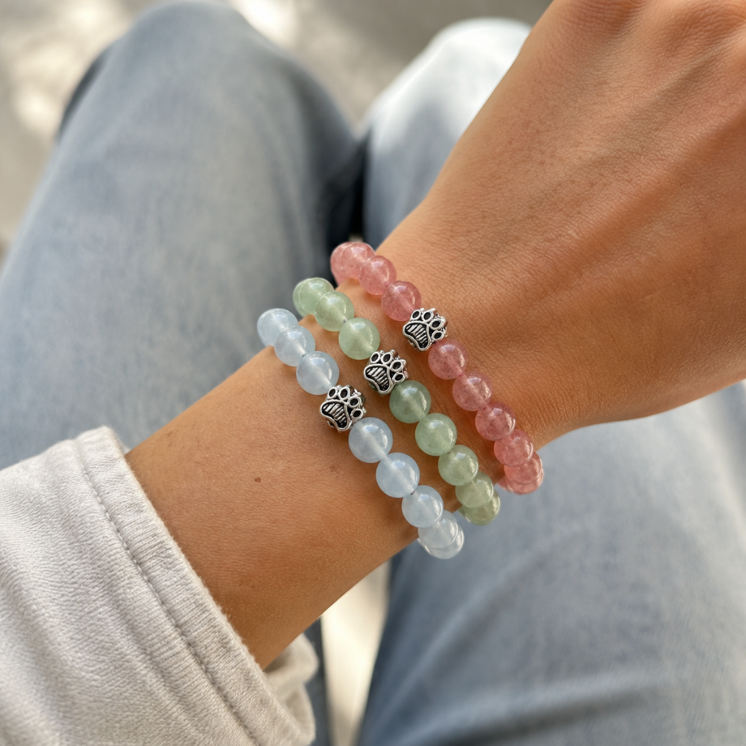 Love, Mint & Moonlight Natural Stone Bead Bracelet Trio | Paw Charm | Rescue Charity