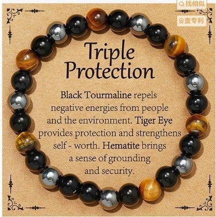 Triple Protection Bracelet | Black Obsidian Tiger Eye Hematite | 8mm Natural Stone | Spiritual Shield Gift