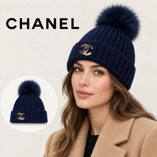 Chanel beanie worn by an adult female model, with product detail inset.