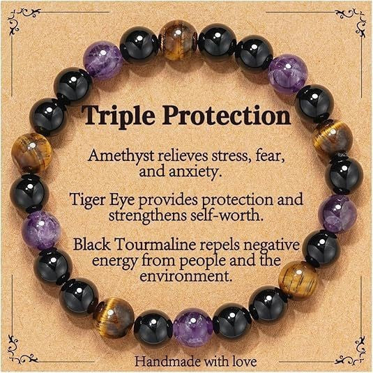 Triple Protection Bracelet | Black Obsidian Tiger Eye Hematite | 8mm Natural Stone | Spiritual Shield Gift