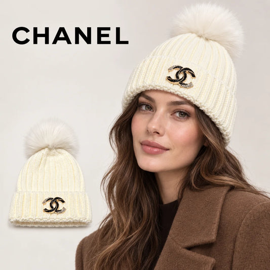 Chanel beanie worn by an adult female model, with product detail inset.