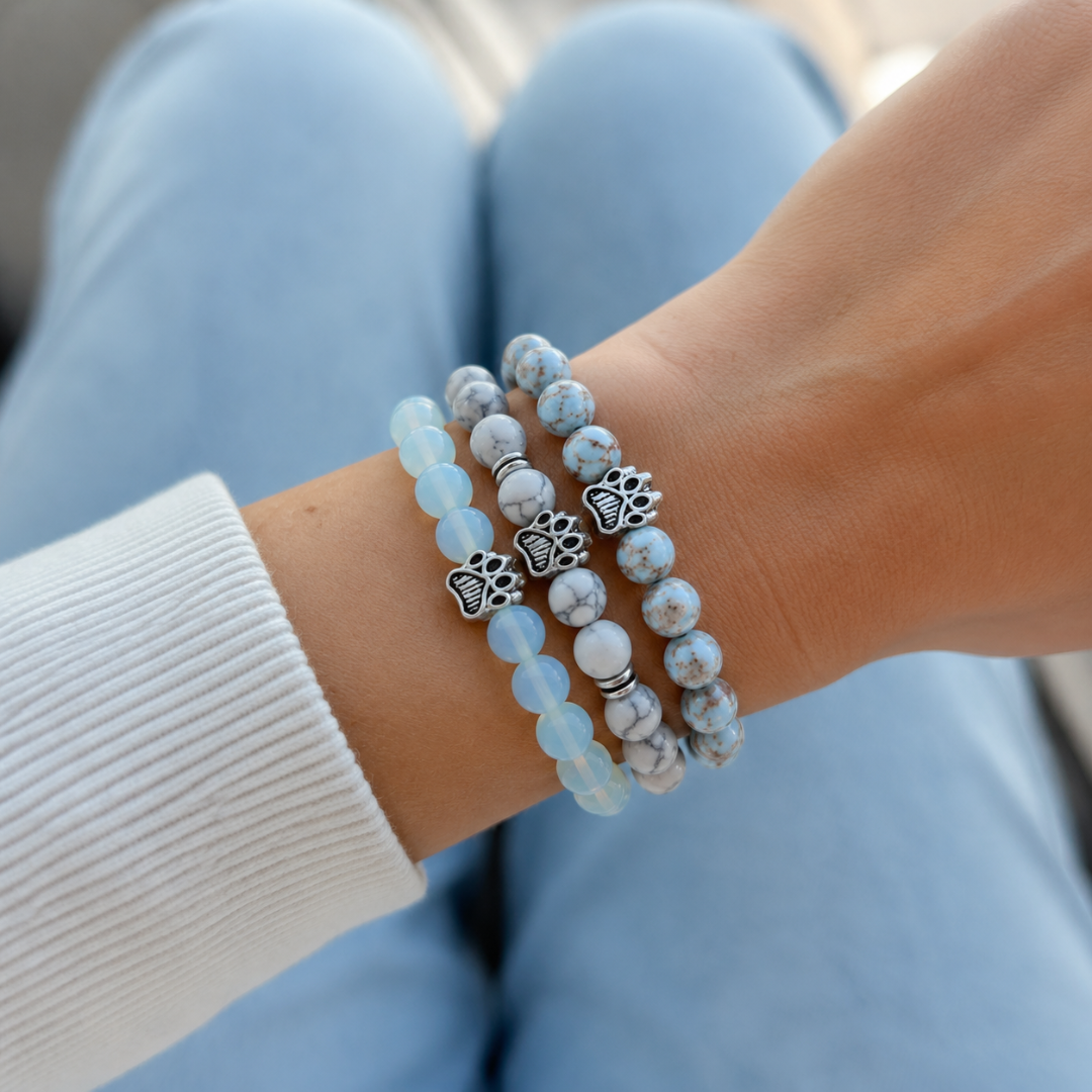Lagoon, Arctic & Moonlight Natural Stone Bead Bracelet Trio | Paw Charm | Rescue Charity