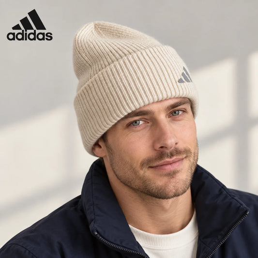 Adidas ribbed knit beanie worn by an adult male model