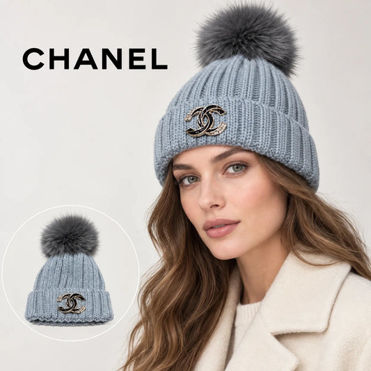 Chanel beanie worn by an adult female model, with product detail inset.