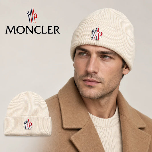 Moncler beanie worn by an adult male model, with product detail inset.
