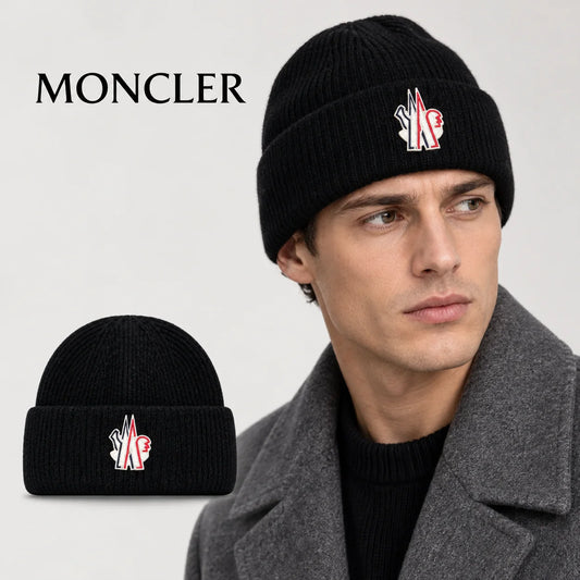 Moncler beanie worn by an adult male model, with product detail inset.