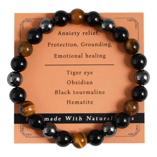 Triple Protection Bracelet | Black Obsidian Tiger Eye Hematite | 8mm Natural Stone | Spiritual Shield Gift