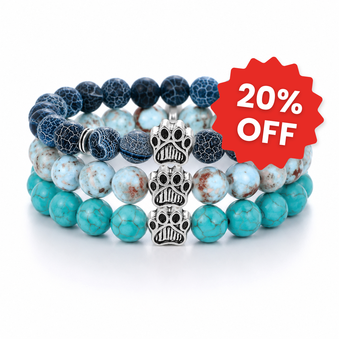 Ocean, Lagoon & Azure Natural Stone Bead Bracelet Trio | Paw Charm | Rescue Charity