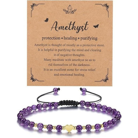 Lucky Heart Crystal Bracelet: 4mm Amethyst and Matte Black Bead Bracelet