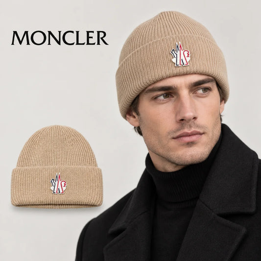 Moncler beanie worn by an adult male model, with product detail inset.
