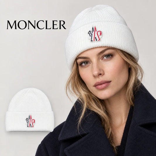 Moncler beanie worn by an adult female model, with product detail inset.