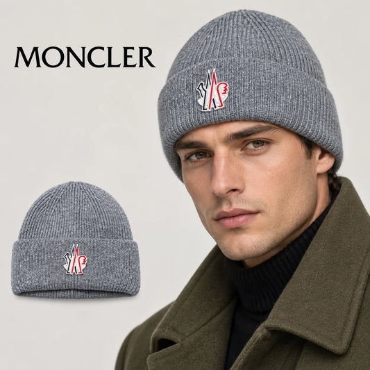 Moncler beanie worn by an adult male model, with product detail inset.