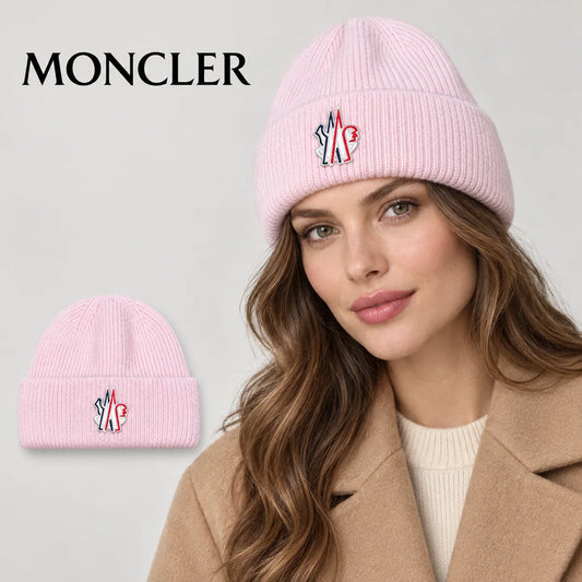 Moncler beanie worn by an adult female model, with product detail inset.