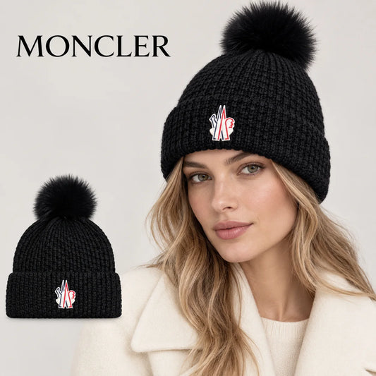 Moncler beanie worn by an adult female model, with product detail inset.