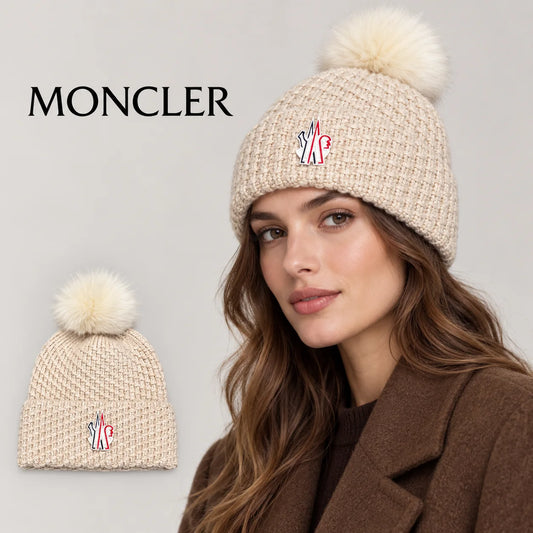 Moncler beanie worn by an adult female model, with product detail inset.