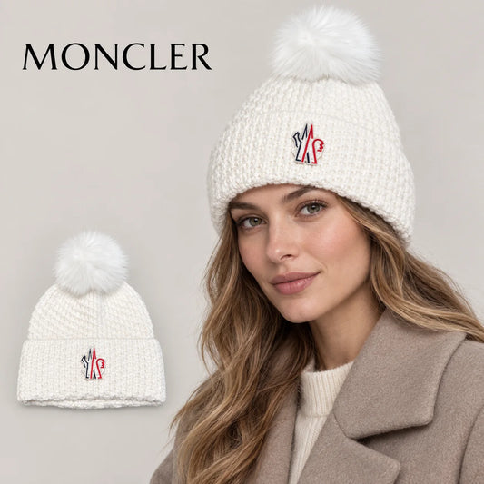 Moncler beanie worn by an adult female model, with product detail inset.