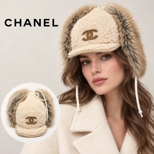 Chanel earflap cap worn by an adult female model, with product detail inset.